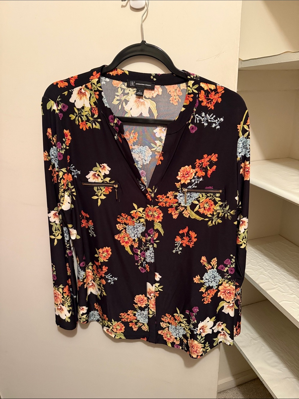 INC International Concepts Black Floral Button-Front Blouse